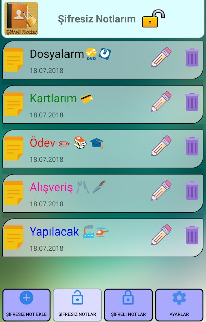 Şifreli Notlar mobil android uygulama